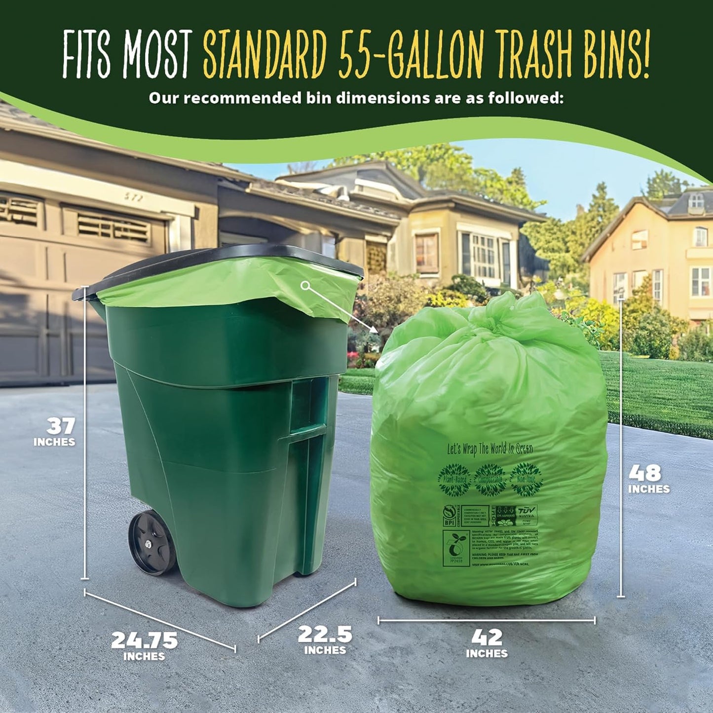 50-55 Gallon Compost Bags, Heavy Duty Compostable Trash Bags, 1.57 Mil Extra Thick Biodegradable Yard Waste Bags, Compostable Lawn Bags, Large Compost Leaf Bags BPI & ASTM D6400 Certified
