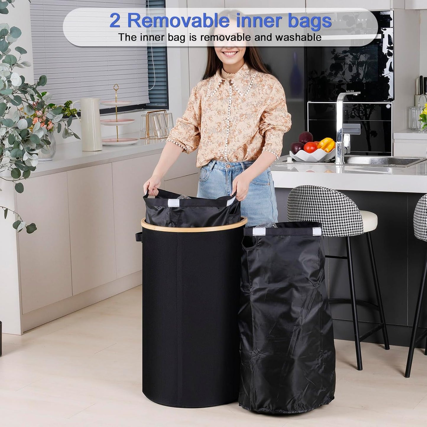 efluky Recycling Bin for Kitchen 100L, 26 Gallon Recycle Bins for Indoor Outdoor Home Use with 2 Removeable and Reusable Inner Bags, Tall Recycle bin for Bottle Can Plastice Stickers (Black)