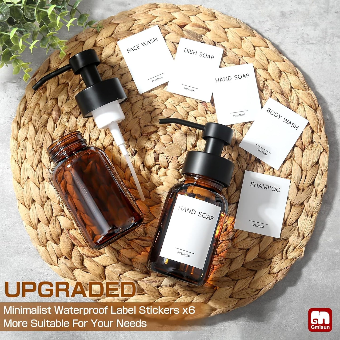 GMISUN Foaming Soap Dispenser, 8.5 fl oz / 250ml Amber Glass Foam Soap Dispenser for Bathroom & Kitchen, 2 Pack Modern Refillable Foaming Hand Soap Dispensers, Foam Pump Bottle with Waterproof Labels