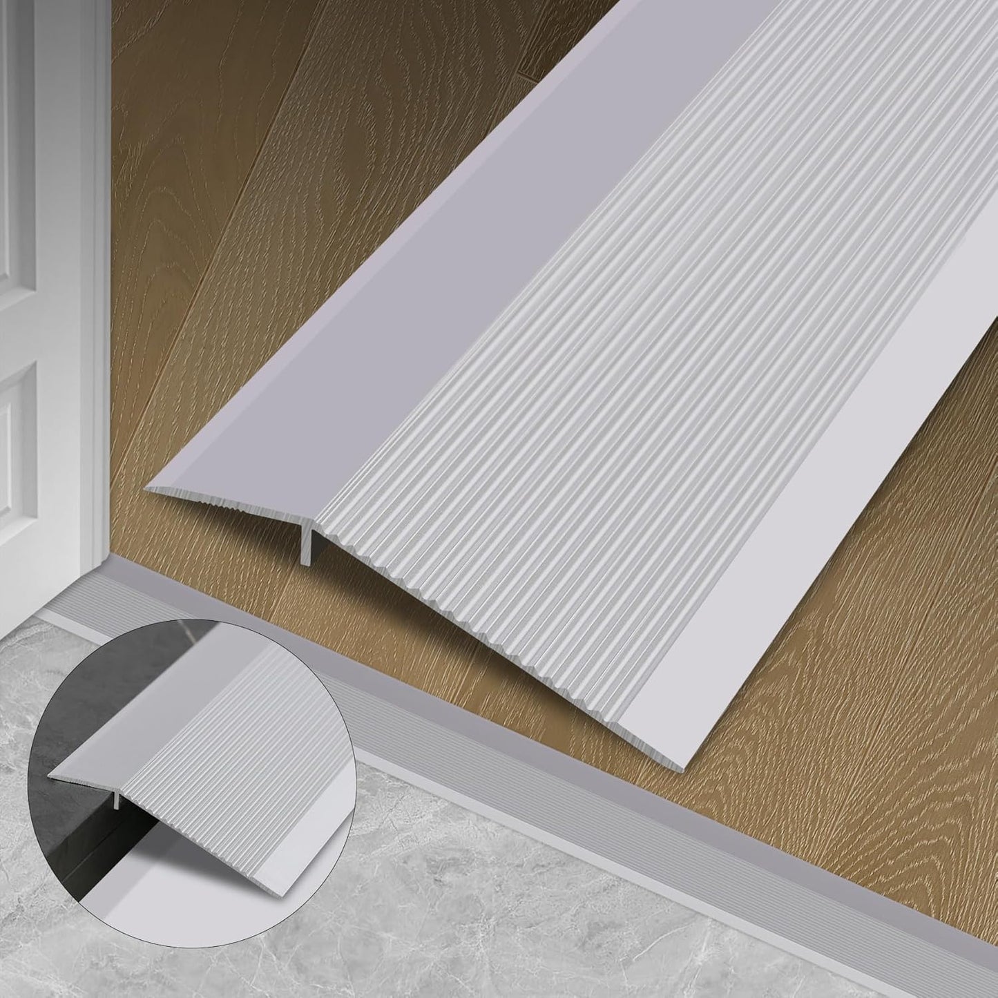 Gaahing Aluminum Floor Transition Threshold Strip, Bridge The Height Gap Between 0.3 to 1.6 inches for Doorway Ramp (2Pcs x 35.4in x 3.9in, Matte Silver)