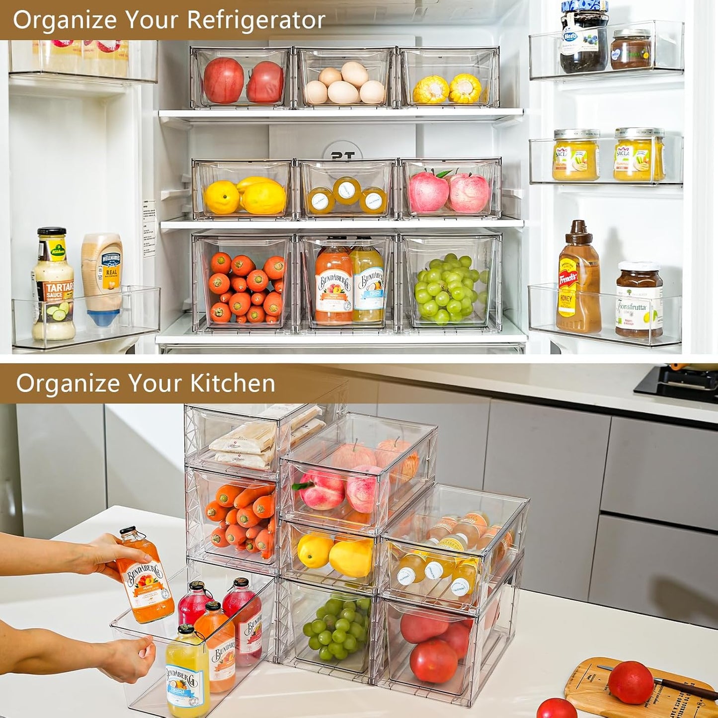 4Pack Stackable Kitchen Storage Organizer, Pantry Organizers and Storage, Clear Foods Organizer Bins with Handles, Easily Assemble for Bathroom, Kitchen, Pantry, Cabinet, Closet
