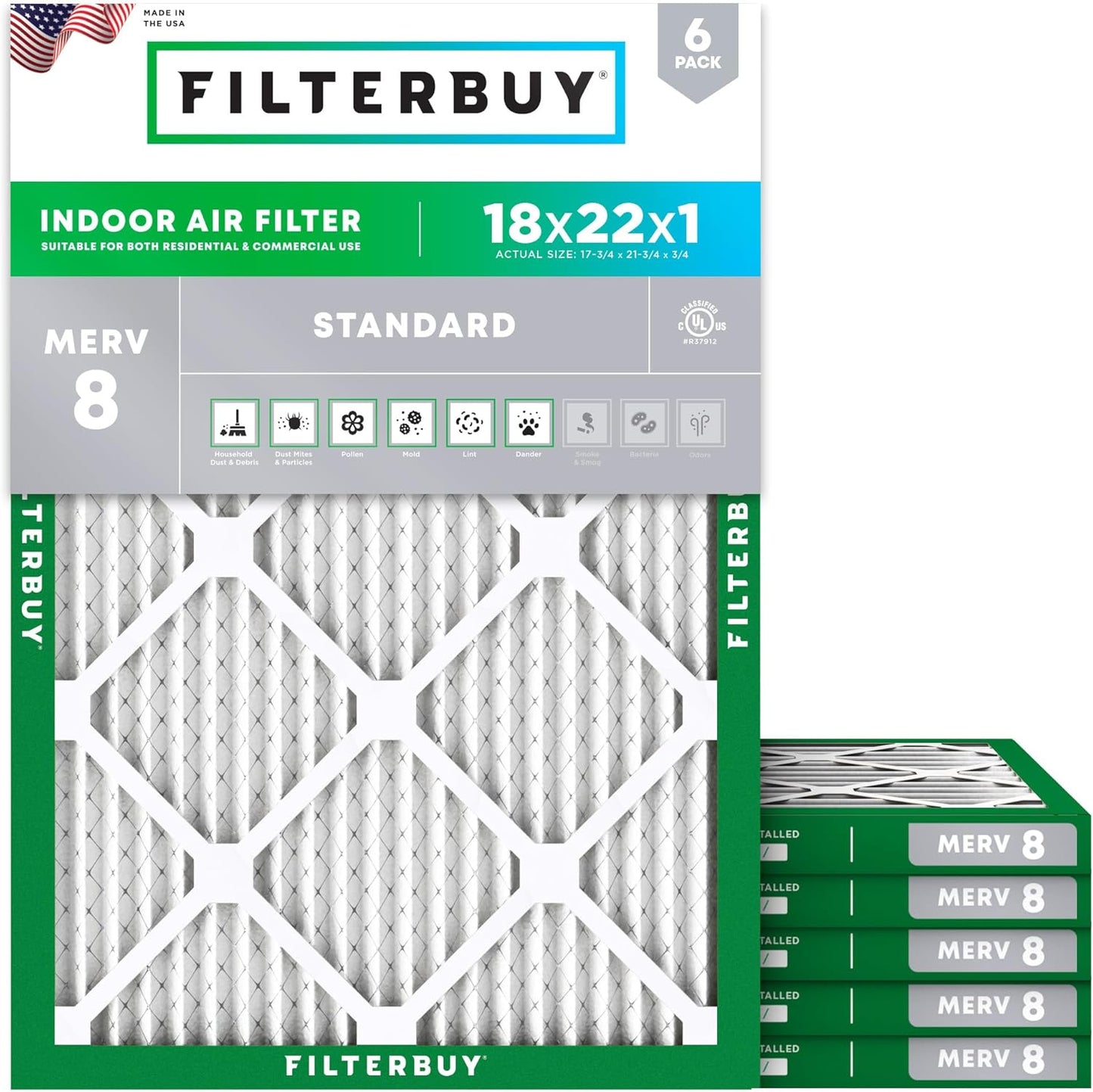 Filterbuy 18x22x1 Air Filter MERV 8 (MPR 700) Dust Defense Replacement (6-Pack), Electrostatic Pleated HVAC AC Furnace Filters, Made in USA (Actual Size: 17.75 x 21.75 x 0.75)