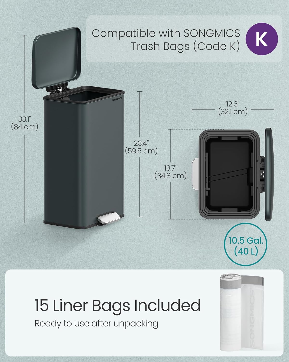 SONGMICS Kitchen Trash Can, 10.5 Gallon (40 L) Garbage Can, Large Step Trash Bin with Lid, Stainless Steel, Soft Close, 15 Trash Bags Included, Charcoal Gray ULTB540G01