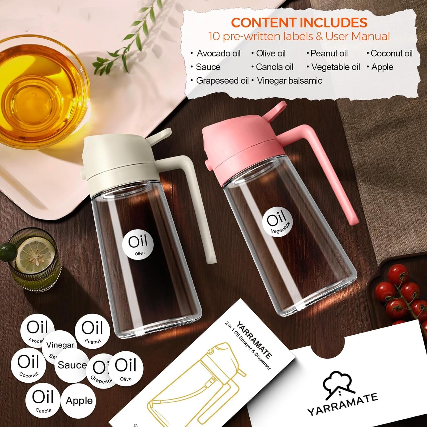 YARRAMATE 2Pcs 16oz/470ml 2 in 1 Oil Sprayer for Cooking with Stickers, Food-grade Glass Oil Spray Bottle, Oil Dispenser and Oil Sprayer for Kitchen, Salad, Frying, BBQ (White &Black)