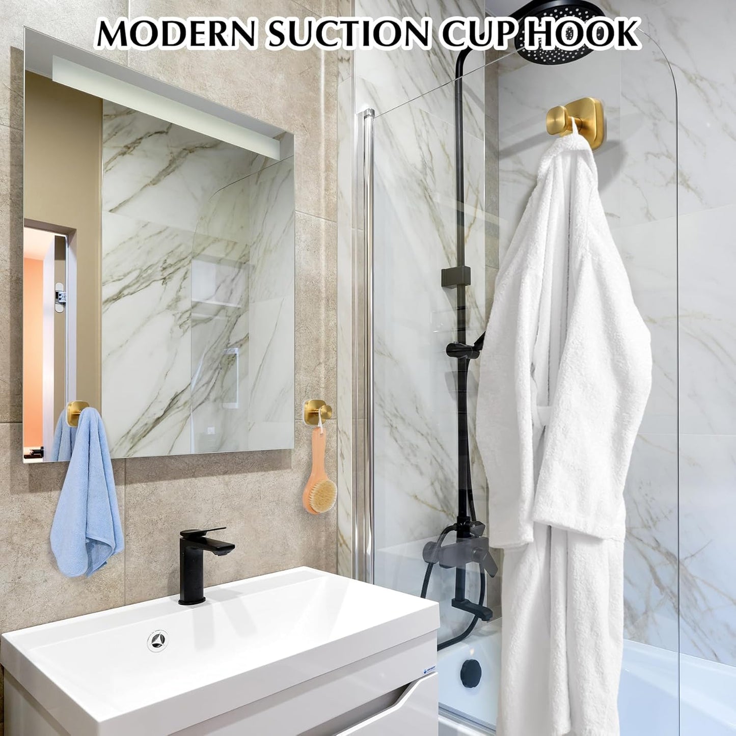 Suction Cup Hooks for Shower - Reusable No-Drill Mounting - Hooks for Towels, Robes & Loofah on Metal, Glass, Mirrors, Tile & Smooth Non-Porous Surfaces (4, Brushed Gold)