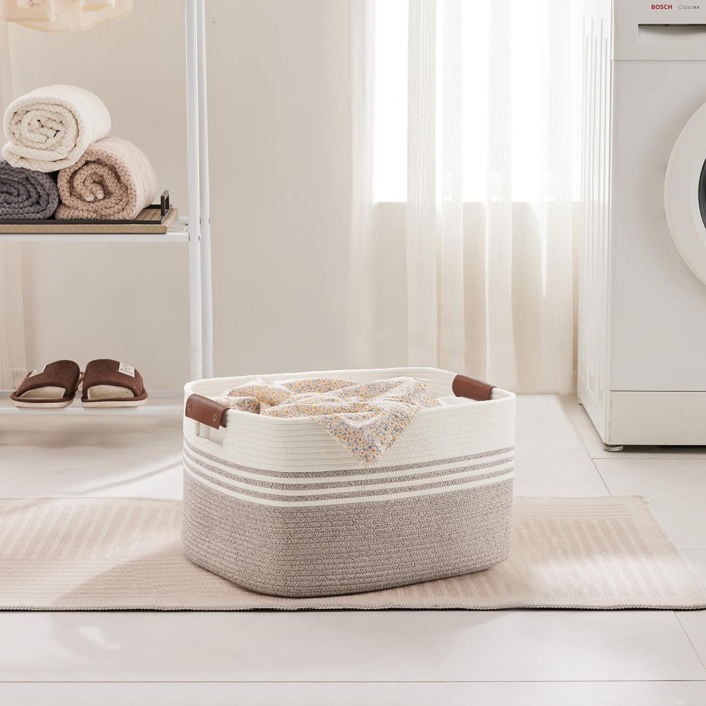 45L Small Laundry Basket with Leather Handles for Living Room Storage, Woven Rope Baskets Bin for Blanket, Kids Toy, Gifts, Wicker Hamper for Bedroom Dirty Clothes, 18"x14"x11" White Brown