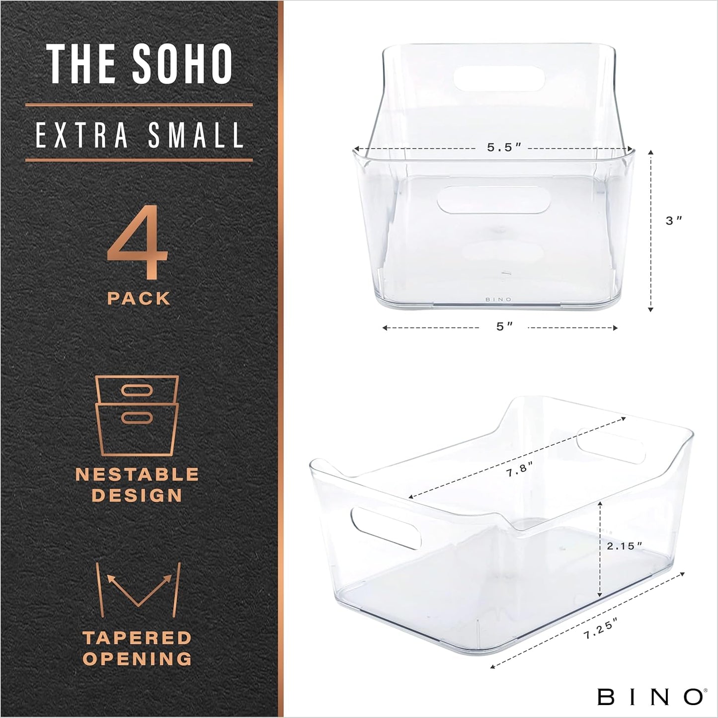 BINO | Plastic Organizer Bins, X-Small - 4 Pack | THE SOHO COLLECTION | Multi-Use Organizer Bins | Pantry & Freezer Bin | Plastic Storage Containers | Bin for Home & Kitchen Org