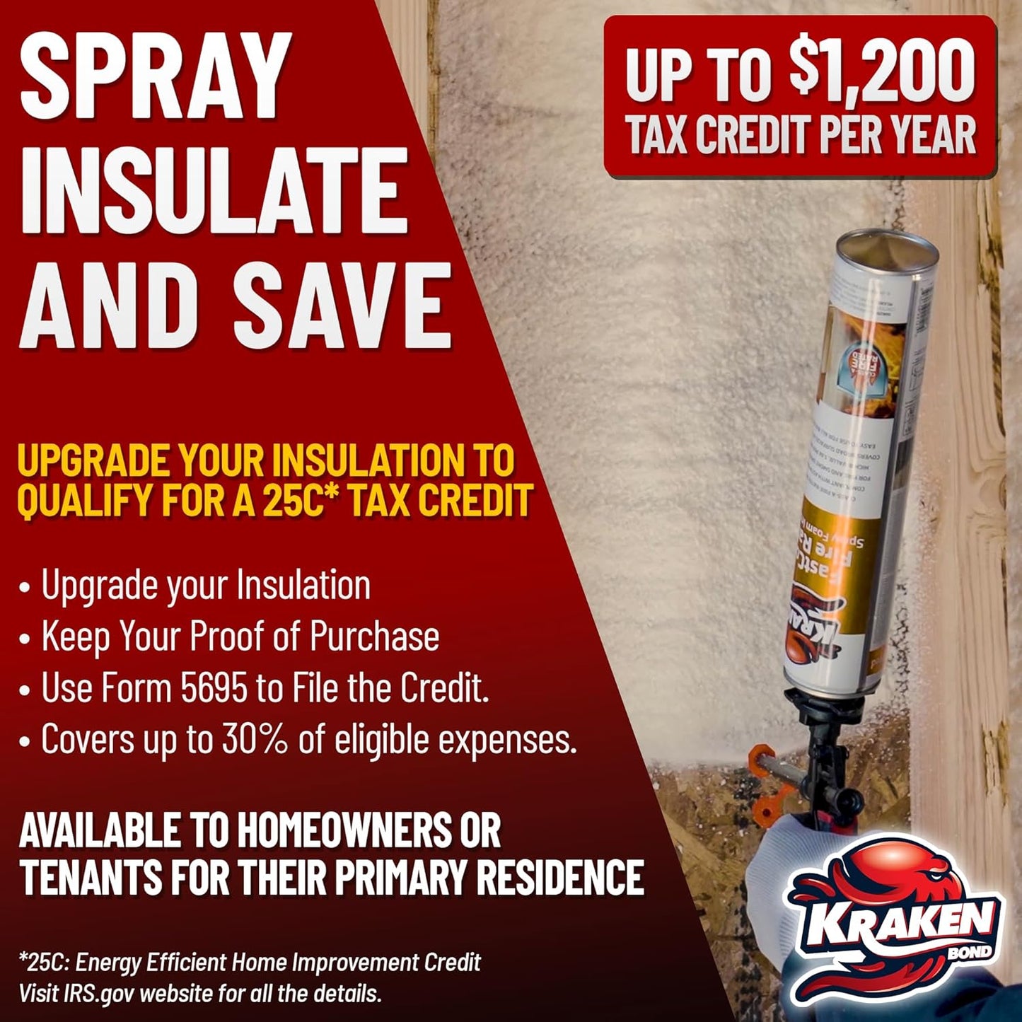 Kraken Bond Fastcoat Fire Rated Spray Foam Insulation Kit Closed Cell in a Can 40 sq ft (2x27.1 oz.) (R-Value 11.32 / 2in) - Spray Foam for Garage Door, Attic, Wall Gun & Cleaner Not Included, 2 Pack