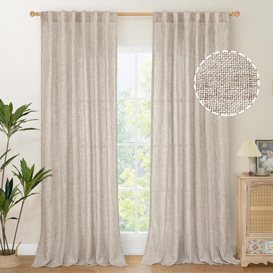 YoungsTex Linen Curtains Floor Length 102 Inch Long for Living Room Back Tab and Rod Pocket Light Filtering Window Drapes for Dining Room Bedroom, 52 X 102 Inch, 2 Panels