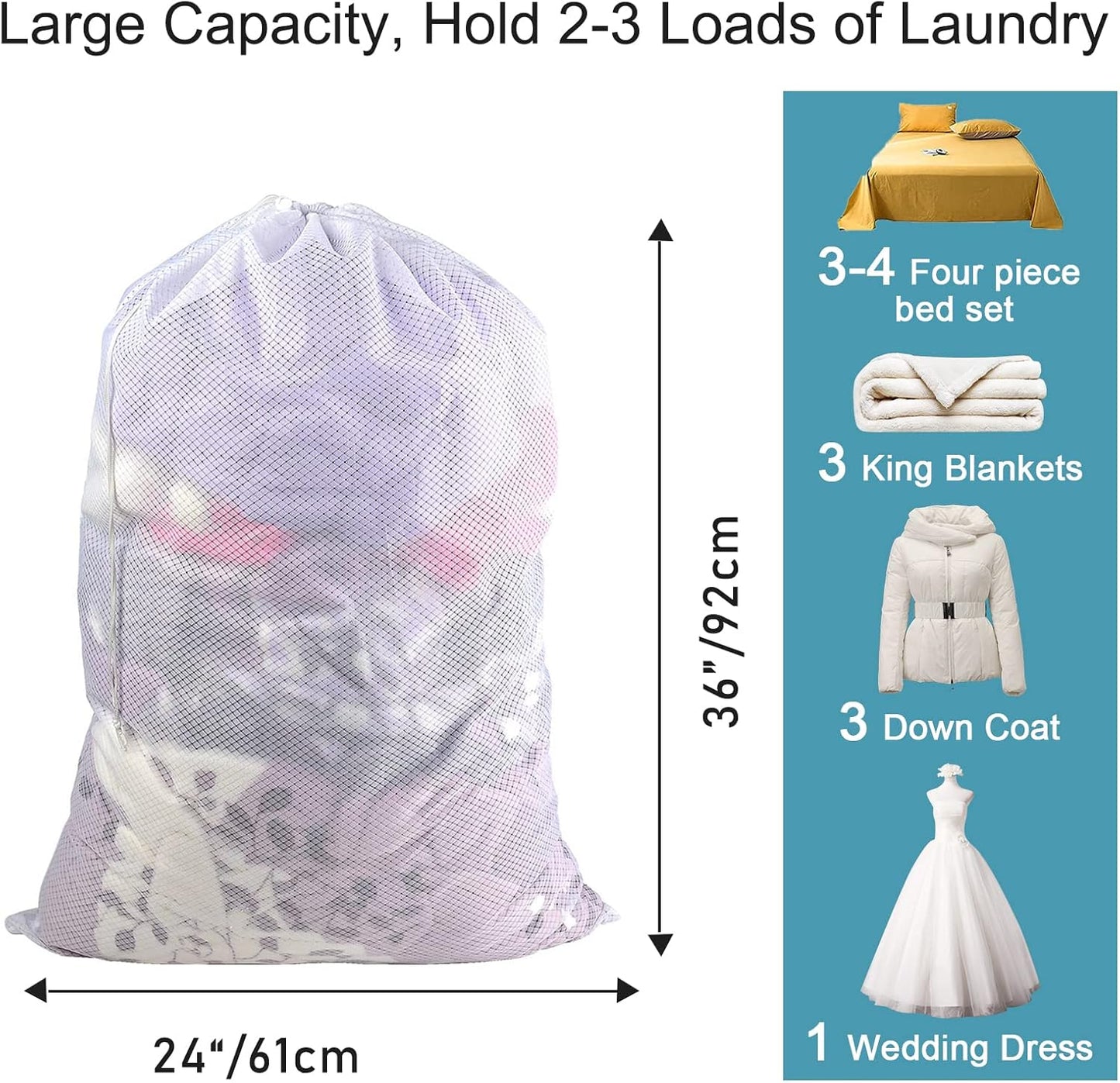 Polecasa Diamond Mesh Laundry Bags, 2Pcs 24 x 36 inches Heavy Duty Mesh Laundry Bag with ID Tag and Drawstring Closure, Large Laundry Hamper Liner, Laundry Bag for Travel, Sports, Dorms (White)