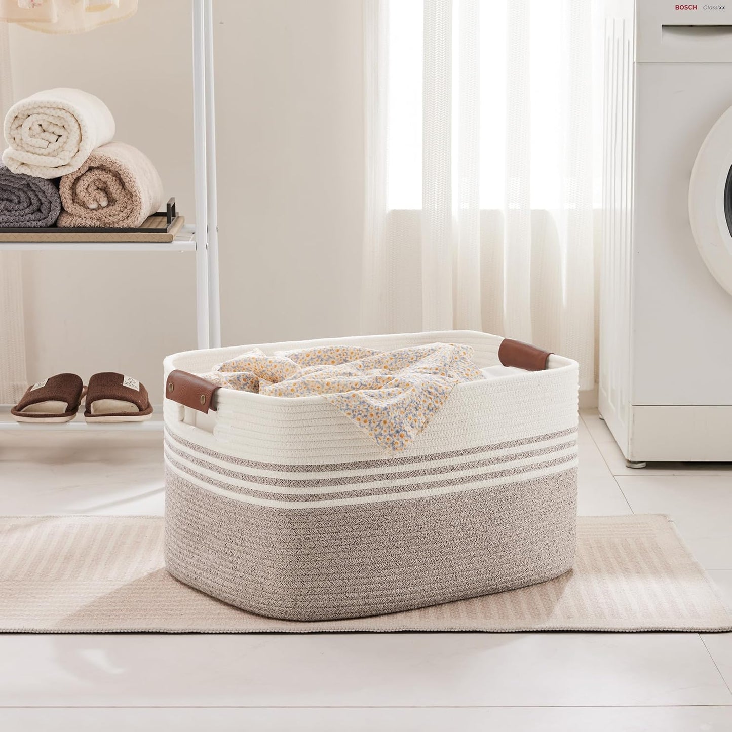 72L Large Laundry Basket with Leather Handles for Living Room Storage, Woven Rope Baskets Bin for Blanket, Kids Toy, Gifts, Wicker Hamper for Bedroom Dirty Clothes, 22"x17"x12" White Brown