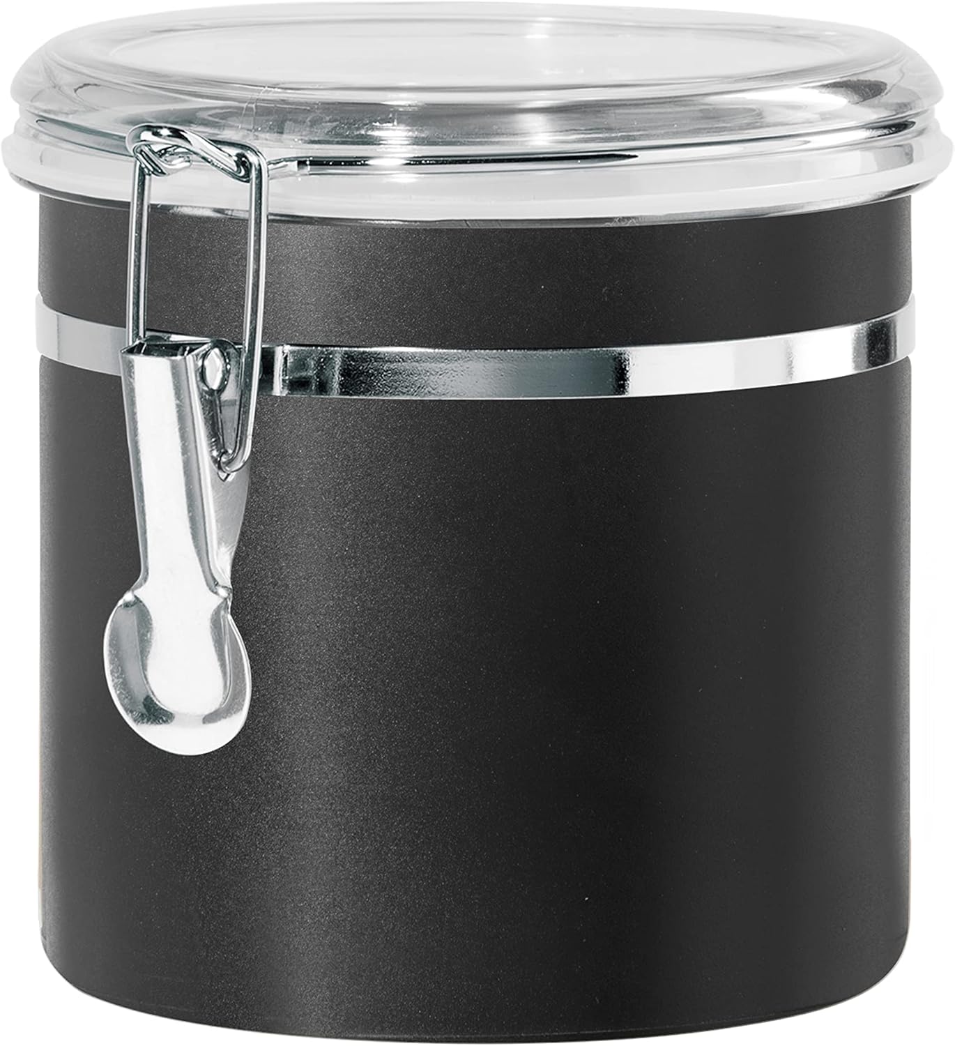 Oggi Stainless Steel Kitchen Canister 36 fl oz, Black - Airtight Clamp Lid, Clear See-Thru Top - Ideal for Kitchen Storage, Food Storage, Pantry Storage. Size 5" x 4.75".