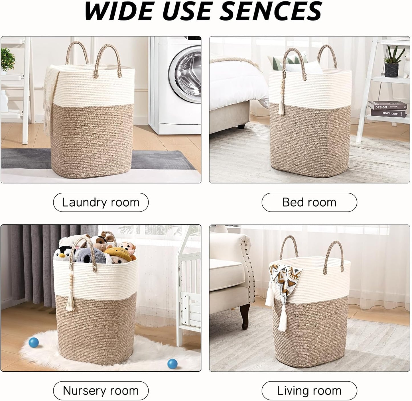 Woven Laundry Basket for Clothes, 100L Large Rectangle Laundry Hampers with Beads Tassel, Nursery Storage Basket for Toys, Tall Dirty Clothes Hamper for Bedroom Aesthetic, Laundry Room Organization