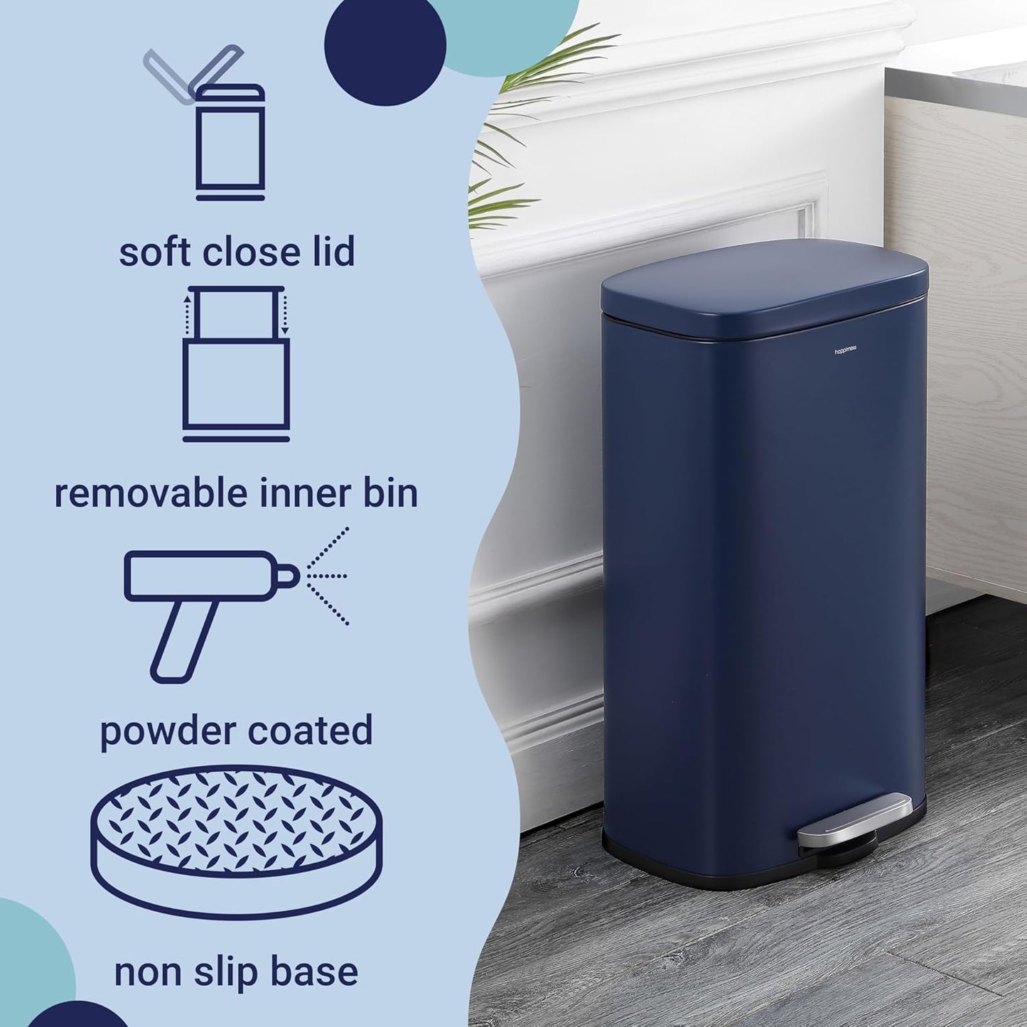 happimess HPM1011E Curtis 8-Gallon Step-Open Trash Can, Fingerprint Resistant, Modern, Minimalistic for Home, Kitchen, Laundry Room, Office, Bedroom, Bathroom, Denim Blue