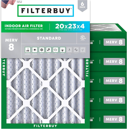 Filterbuy 20x23x4 Air Filter MERV 8 (MPR 700) Dust Defense Replacement (6-Pack), Electrostatic Pleated HVAC AC Furnace Filters, Made in USA (Actual Size: 19.50 x 22.50 x 3.63)