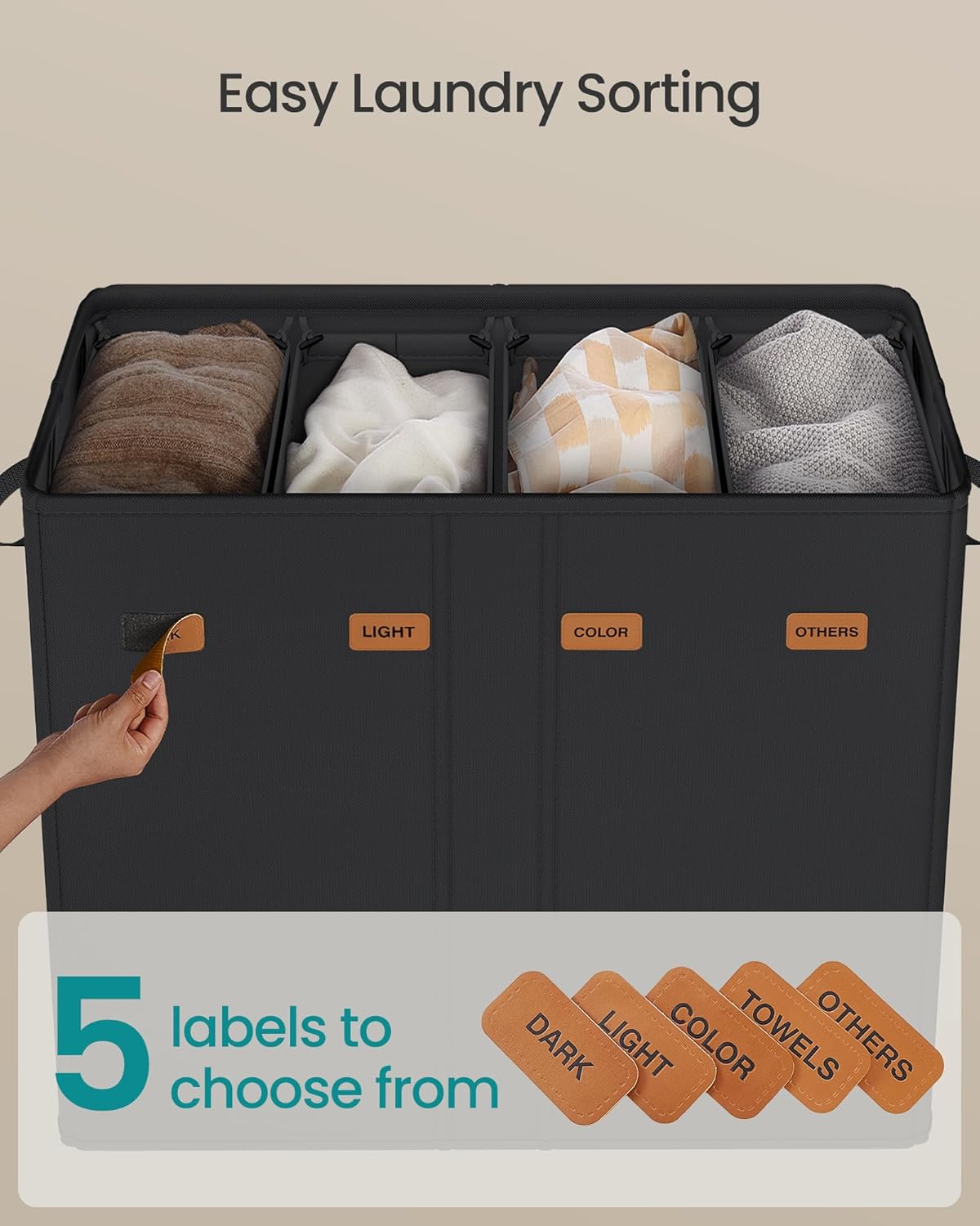 SONGMICS 55.4 Gallon (210 L) Laundry Hamper, 4-Compartment Laundry Basket Sorter with Lid, Labels, Removable Liner Bags, for Bedroom, Ink Black URLH014B01