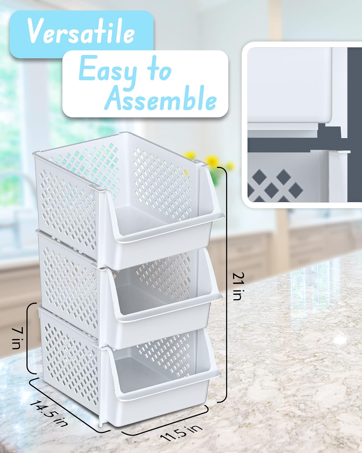 Skywin TidyFriend Plastic Stackable Storage Bins for Pantry, 3 Pack White Stackable Bins For Organizing Food, Kitchen, and Bathroom Essentials (White)