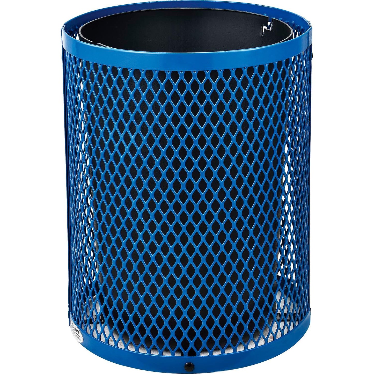 Global Industrial Outdoor Diamond Steel Trash Can with Flat Lid and Plastic Liner, 36 Gallon Capacity, Blue, Thermoplastic Coating, 23-1/2" Diameter, 30" H