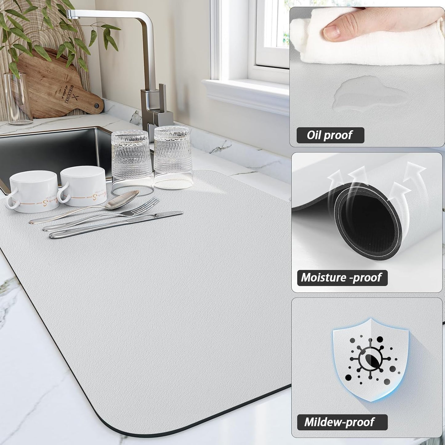 Dish Drying Mat for Kitchen Counter, Heat Resistant Drainer Mats with Non-slip Rubber Backed, Hide Stain Kitchen Super Absorbent Draining Mat, Easy to Clean Dish Rack Pad, Light Grey 18"x32"