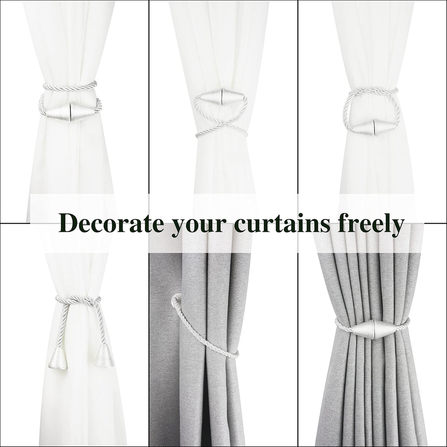 6 Pack Magnetic Curtain Tiebacks Rope Modern Handmade Curtain Tie Backs Decorative Drapes Weave Holdbacks for Window Décor, Silver