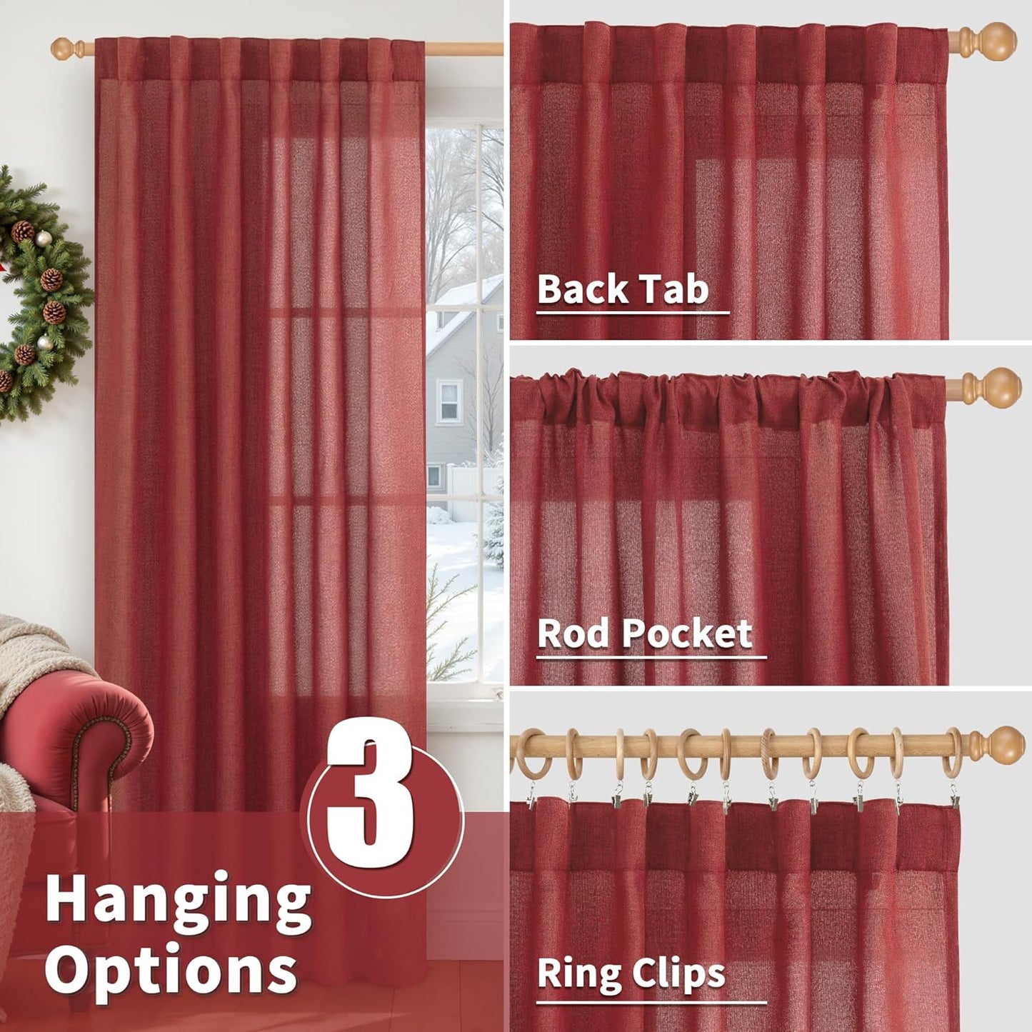 YoungsTex Red Linen Curtains 40 Inch Long for Kitchen, Small Semi Sheer Drapes with Rod Pocket Back Tab Light Filtering Christmas Decor for Bathroom Cafe Short Window, 2 Panels, 42 X 40 Inch