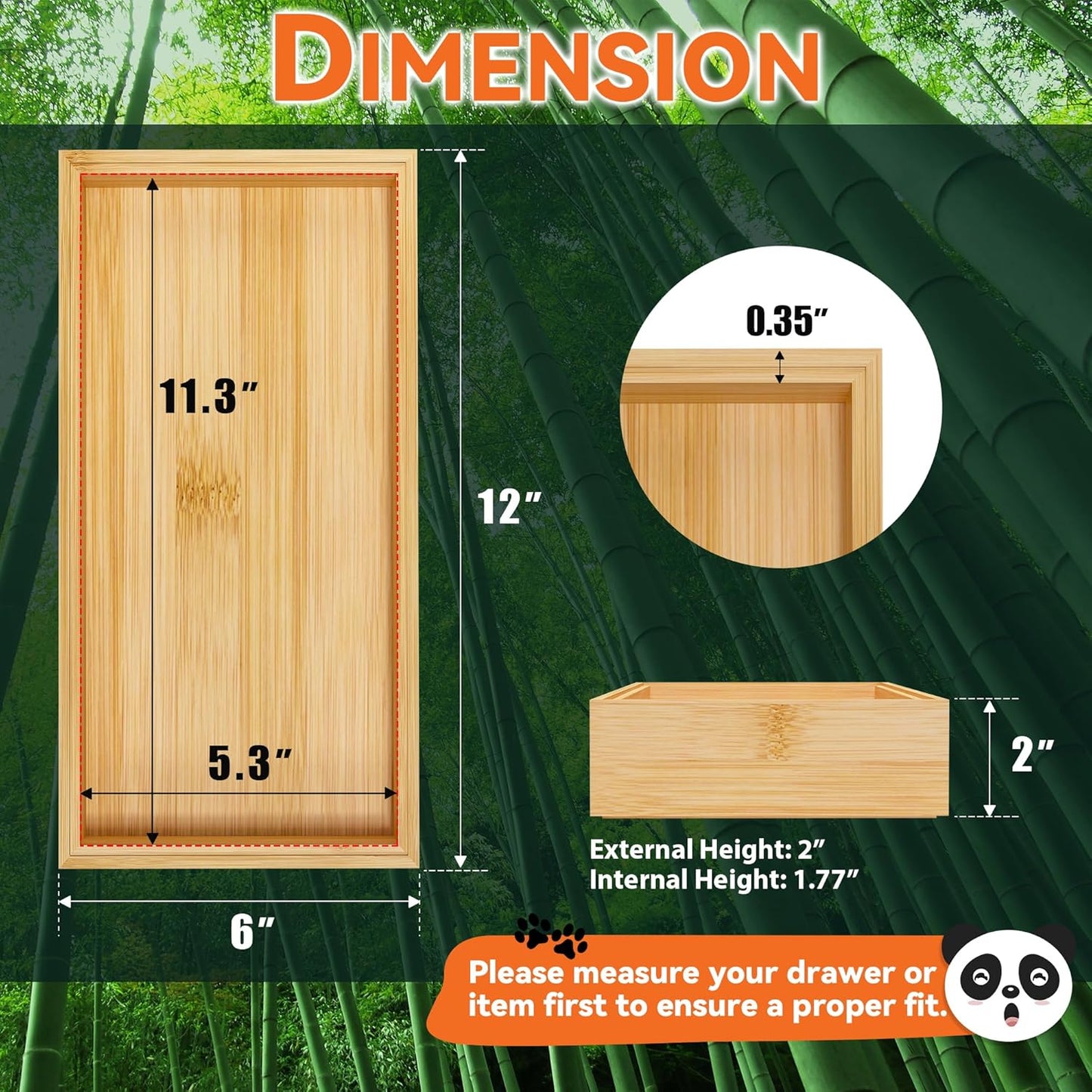 Bamboo Drawer Organizer - Silverware & Utensil Organizer, Stackable, 2 Pcs, Wooden Storage Box Tray (Bamboo, 12 X 6 X 2 Inch)