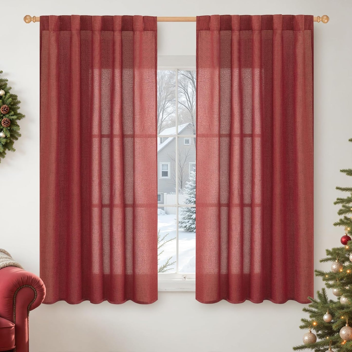 YoungsTex Red Linen Curtains 54 Inch Length for Kitchen, Light Filtering Semi Sheer Small Window Drapes Rod Pocket Back Tab for Christmas Living Room Cafe, 2 Panels, 42 X 54 Inch