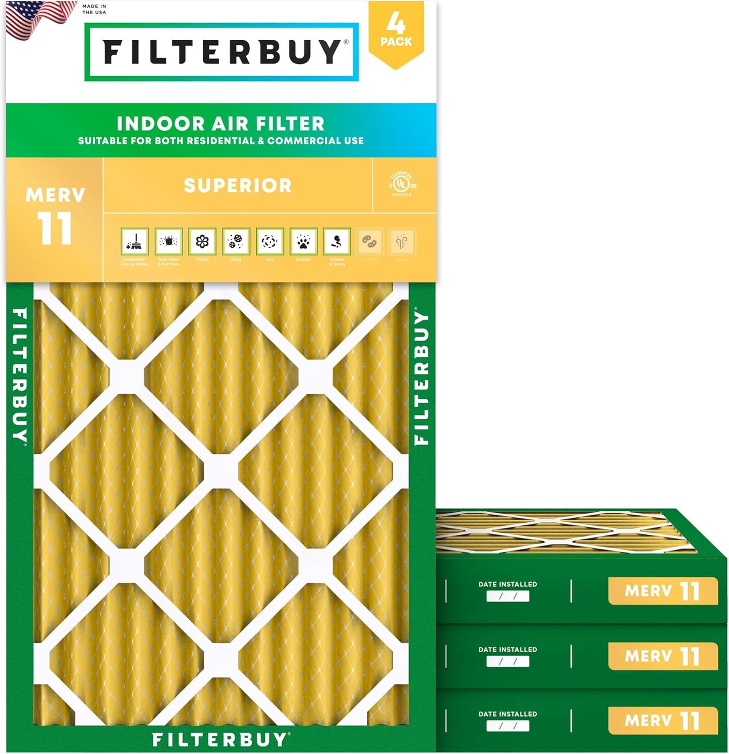 Filterbuy 14x25x2 Air Filter MERV 11 (MPR 1200) Allergen Defense Replacement (4-Pack), Electrostatic Pleated HVAC AC Furnace Filters, Made in USA (Actual Size: 13.50 x 24.50 x 1.75)