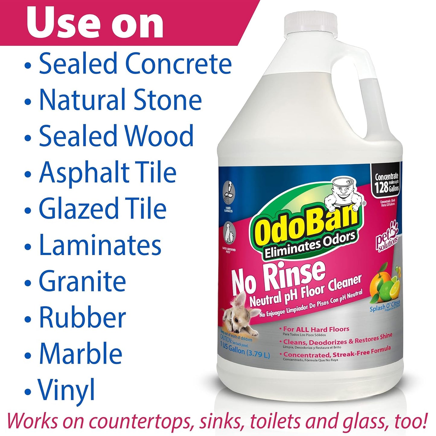OdoBan Pet Solutions No Rinse Neutral pH Floor Cleaner Concentrate, Made in the USA, Splash O' Citrus Scent, 2 Gallons