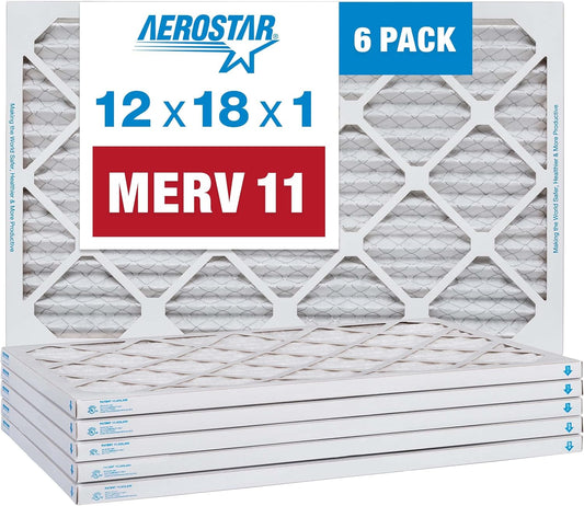 Aerostar 12x18x1 MERV 11 Pleated Air Filter, AC Furnace Air Filter, 6 Pack (Actual Size: 11 1/2" x 17 1/2" x 3/4")
