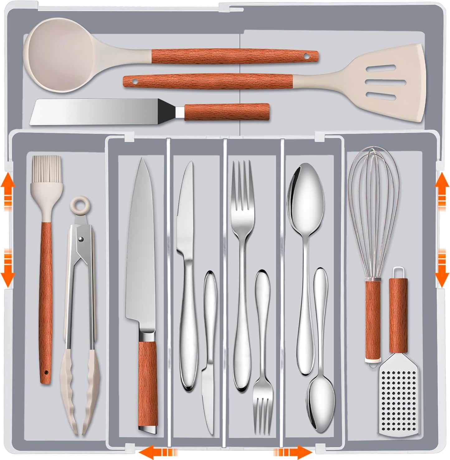 Expandable Large Silverware Organizer - BPA-Free Food-Safe Kitchen Utensil Drawer Organizer, Adjustable 4-7 Deeper Slots Cutlery Tray for Forks Knives, Kitchen Organizers and Storage Solution