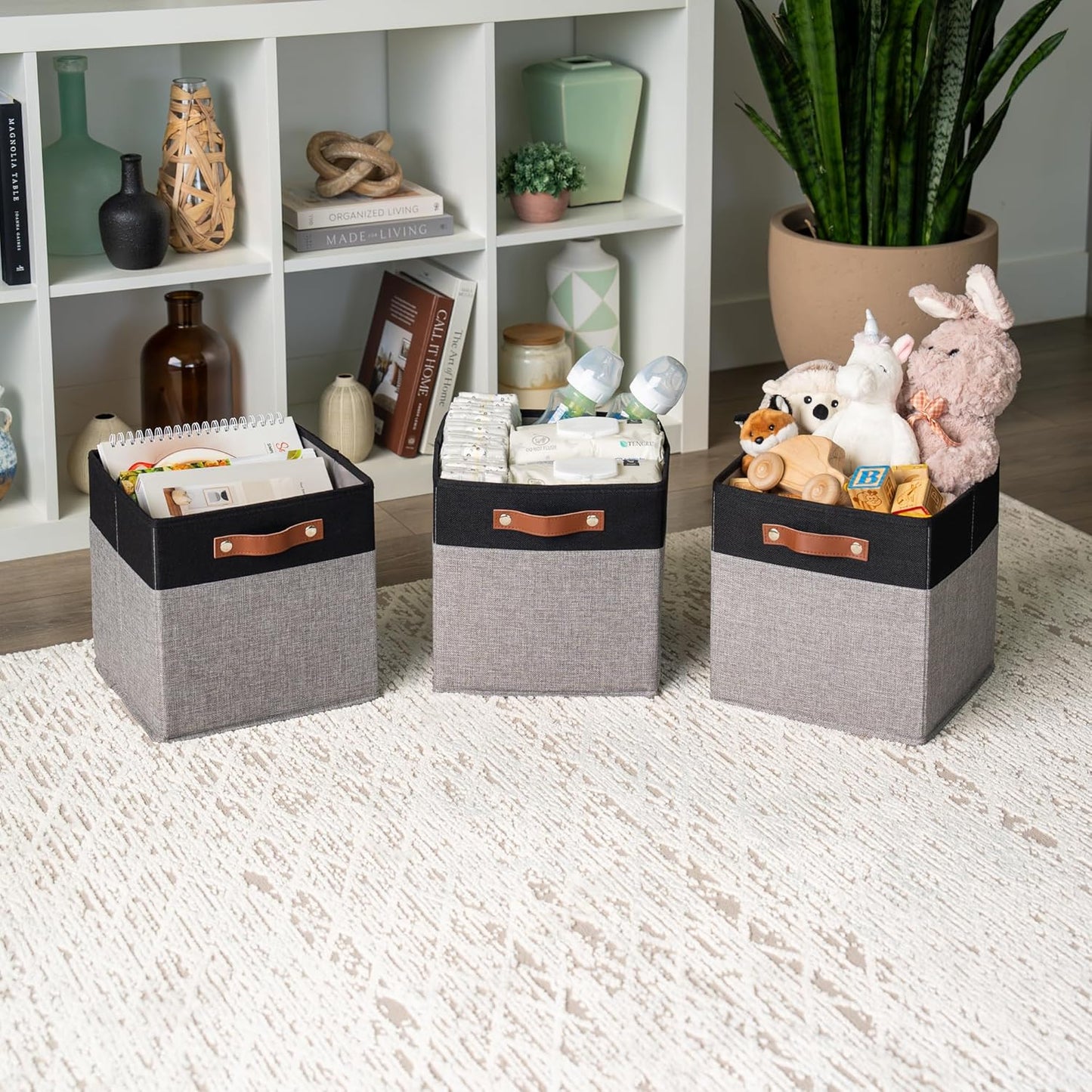 OrganiHaus 11x11 Cube Storage Bins - Set of 4, Fabric Cubby Bins with Vegan Handles, Square Storage Cubes in Gray/Black