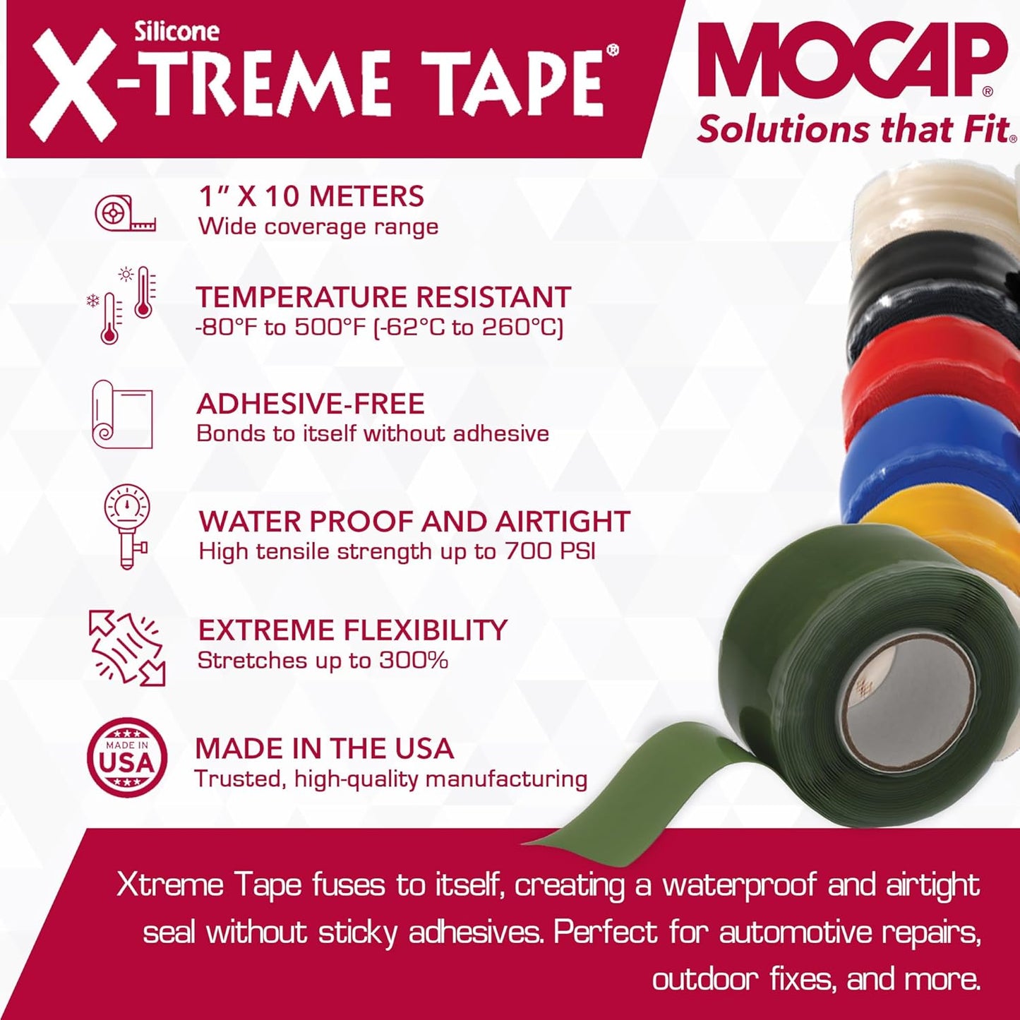 X-Treme Tape MOCAP Heavy Duty Electrical Tape, Self-Fusing Silicone Rubber, Waterproof & Insulating Flexible Tape, Electrical for Hose, Automotive, Outdoor & Repairs - 1" x 10ft Roll - Green