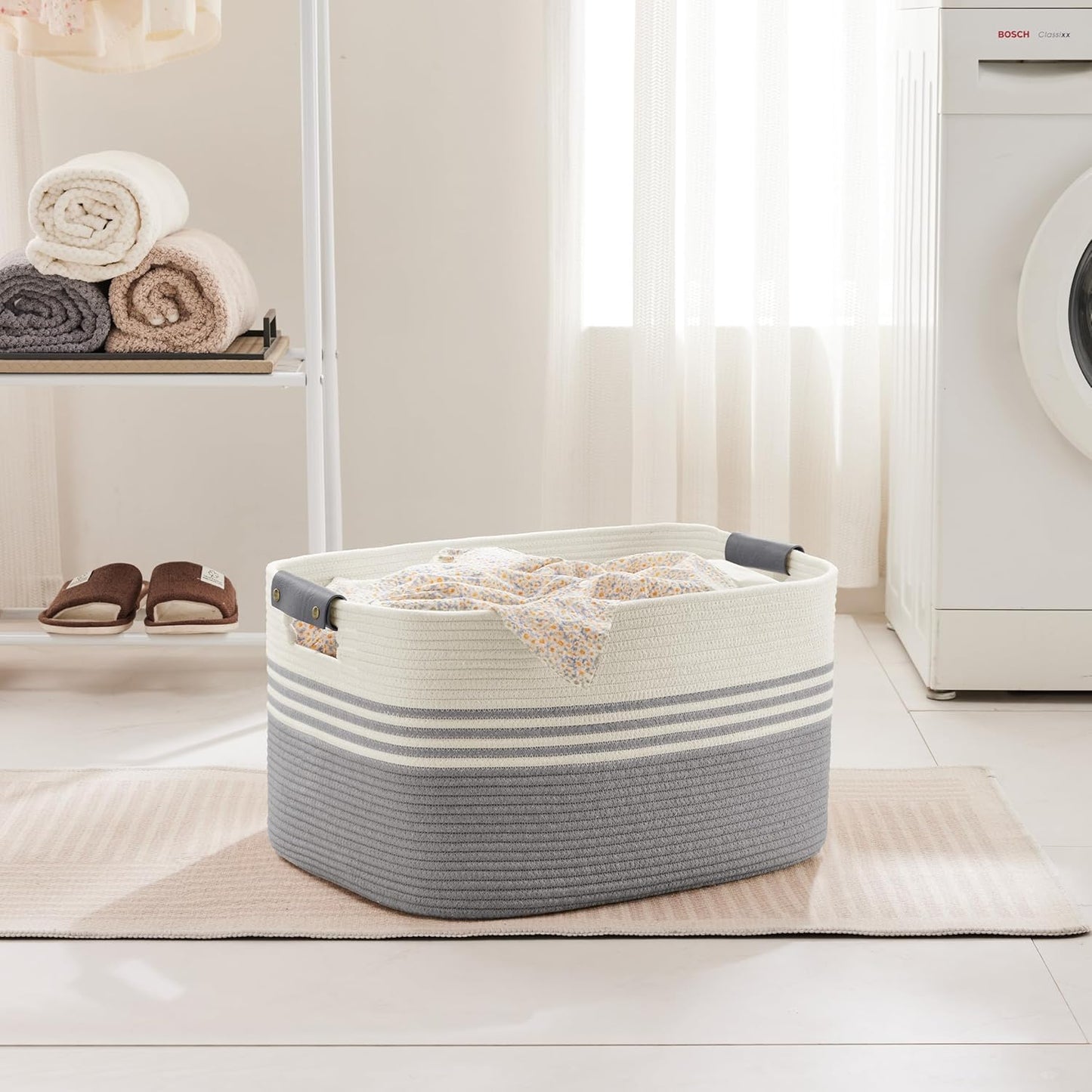 60L Large Laundry Basket with Leather Handles for Living Room Storage, Woven Rope Baskets Bin for Blanket, Kids Toy, Gifts, Wicker Hamper for Bedroom Dirty Clothes, 21"x15"x11" White Grey