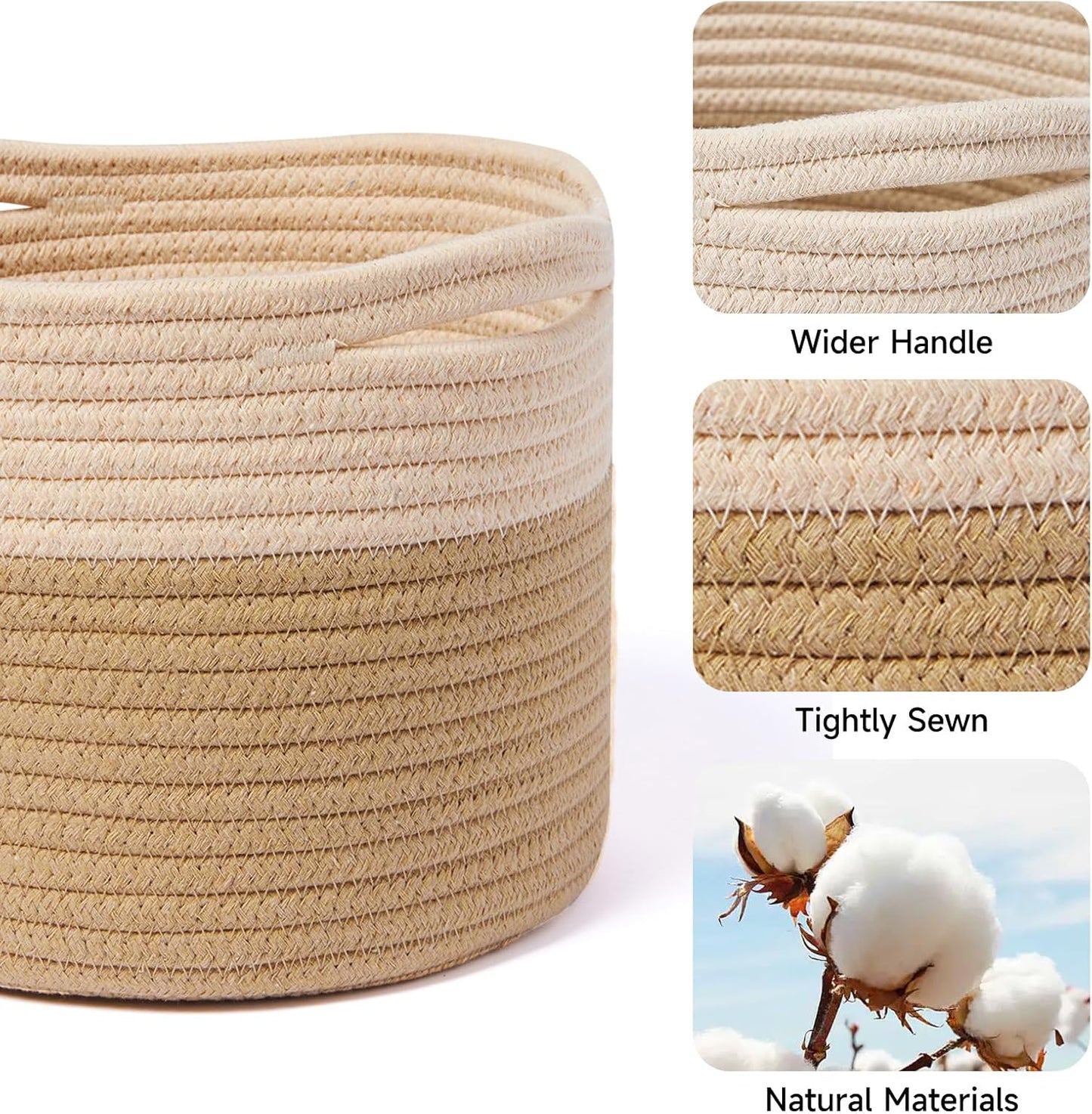 Small Basket for Organizing | Cube Shelf Closet Storage Baskets | 9.7×9.7×7.1” | Woven Rope Gift Basket | Nursery | Round 3 Packs Tan