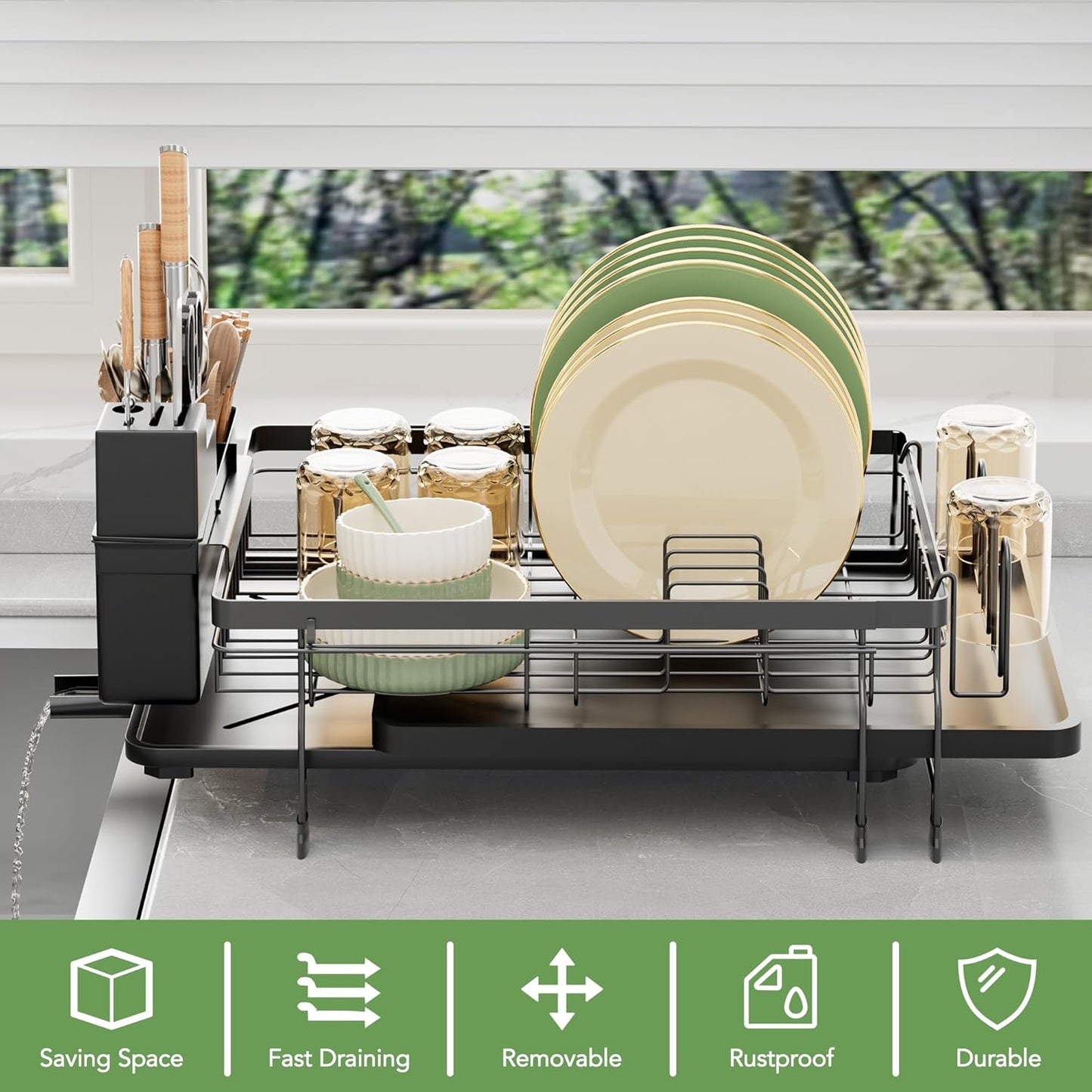 ROTTOGOON Expandable Dish Drying Rack,Multifunctional Adjustable Dish Drainer with Swivel Spout and Anti-Rust Dish Rack with Removable Cutlery & Cup Holders for Kitchen Counter,Black