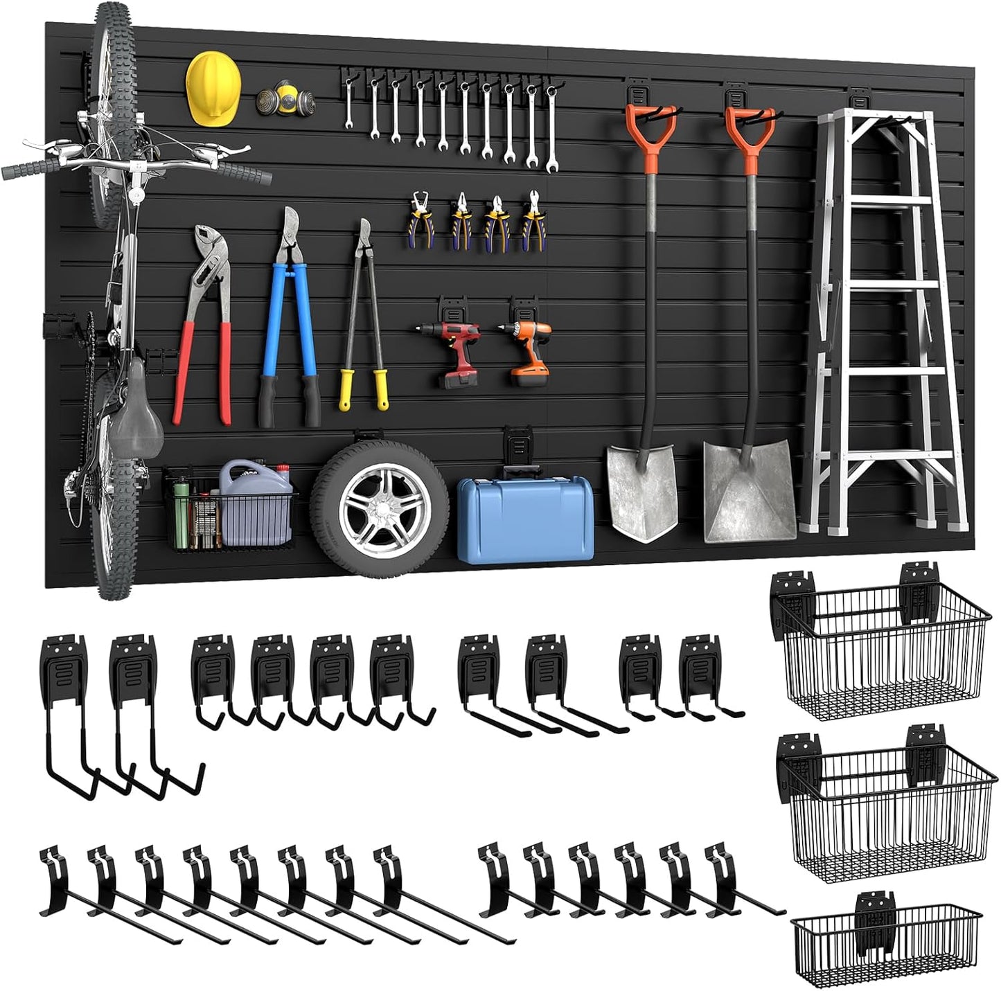 DoCred Slatwall Paneling Organizer, 4x7.5 FT PVC Garage Slat Wall Storage Systems, Heavy Duty Mounted Slat Peg Board for Tool Organization Ladder Bike Includes 27 PCS Hooks Accessories Kit (Black)