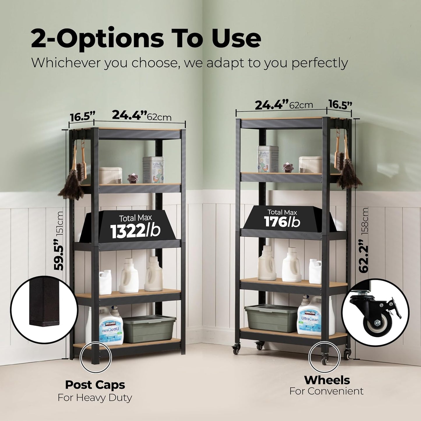 HOMEDANT House 5-Tier Metal Rolling Cart Shelf Rack Casters Heavy Duty Laminated Wheel Shelving Unit Adjustable Utility Storage Shelves Organizer Shelf Kitchen Garage 24.4" W x 16.5" D x 62.2" H 3Pack