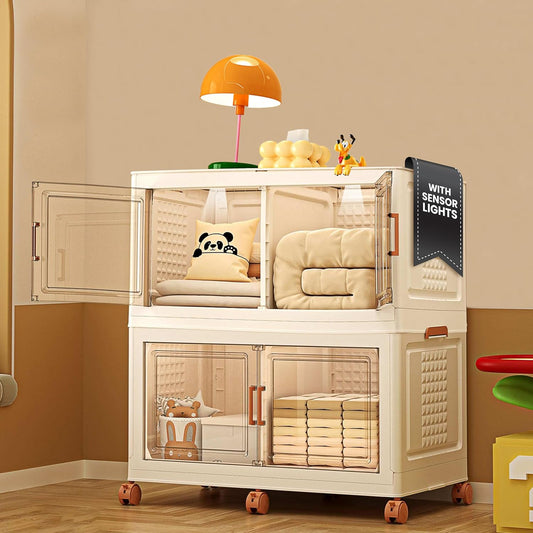 376QT/94Gal 2 Layers Stackable Storage Bins with Lids And Doors - Sensor Lights in Cabinets, Large Collapsible Container Box with 6 Wheels, Plastic Foldable Organizer for Home and Office