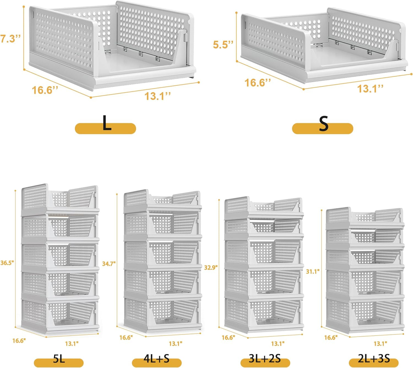Proarea 5 Pack Stackable Plastic Storage Basket Closet Organizer Bin Foldable Clothes Organizer Storage Drawer Shelf Container for Living room Bathroom Kitchen Office (4L+1S)