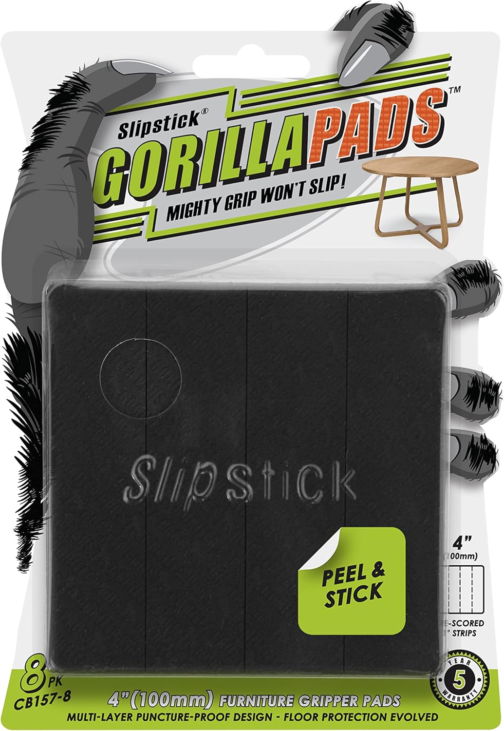 Slipstick GorillaPads Non Slip Furniture Pads/Gripper Feet Floor Protectors (Set of 8) Premium 4 Inch Pre-Scored Self Stick Rubber Stoppers for Furniture Legs