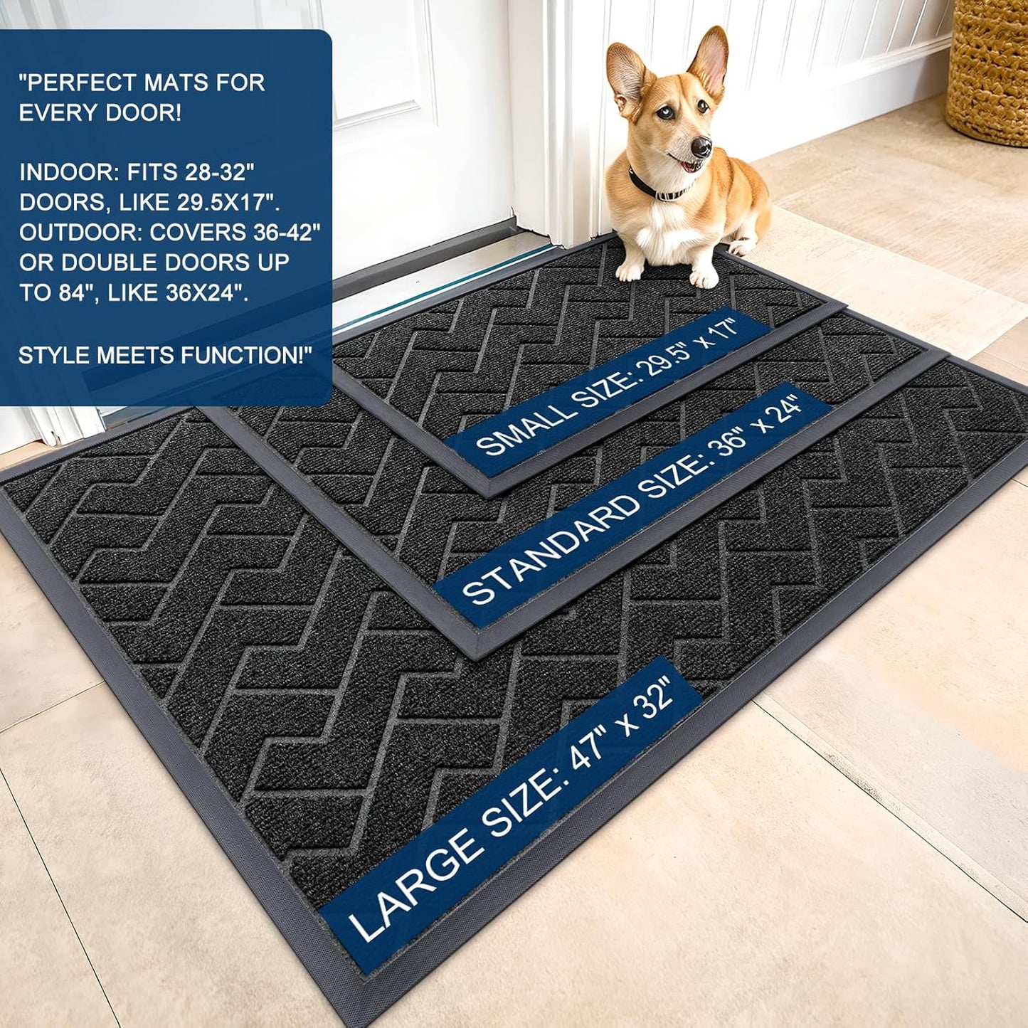 OLANLY Front Door Mat Indoor Outdoor Entrance, Waterproof All-Season, All-Weather Doormat, Sturdy Natural Rubber, Low Profile, Easy Clean Patio Porch Entryway Mat, Herringbone Brick (Black, 47x23)