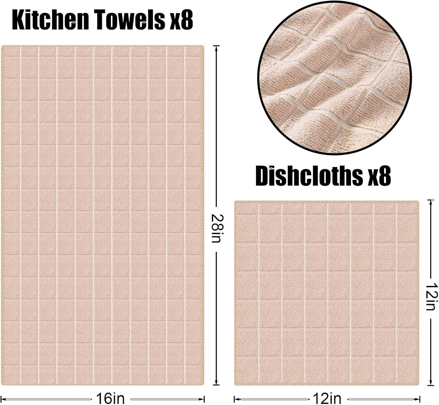Homaxy Microfiber Kitchen Towels and Dishcloths Set, 16 Pack Soft and Absorbent Dish Hand Towels Bulk, 28 x 16 Inch & 12 x 12 Inch Quick Drying Rags for Washing Dishes, Beige