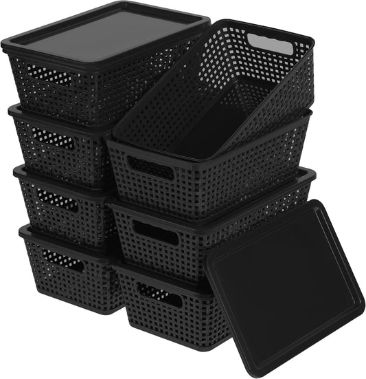 Plastic Storage Baskets With Lid, Storage Bins for Organizing, Stackable Decorative Containers for Shelves Drawers Desktop Closet Playroom Classroom Office, 8 Pack-Black