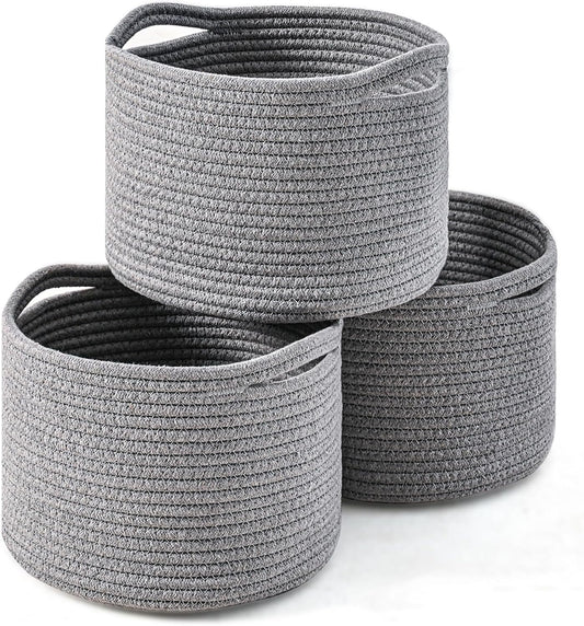 Small Storage Baskets for Organizing, Organizer Baskets for Shelves, Small Woven Basket for Storage, Cute Basket for Gifts Empty, Soft Cotton Rope Baskets, 9.7"×9.7"×7" (3 Packs) Grey