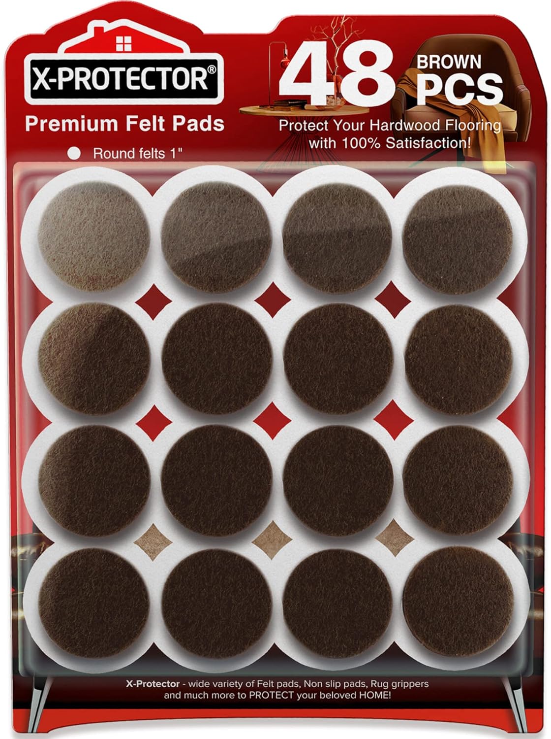 Felt Furniture Pads X-PROTECTOR - 48 Premium Floor Protector Chair Felts for Feet Wood Floors Best Hardwood Protect Your Hard Floors! (Brown)