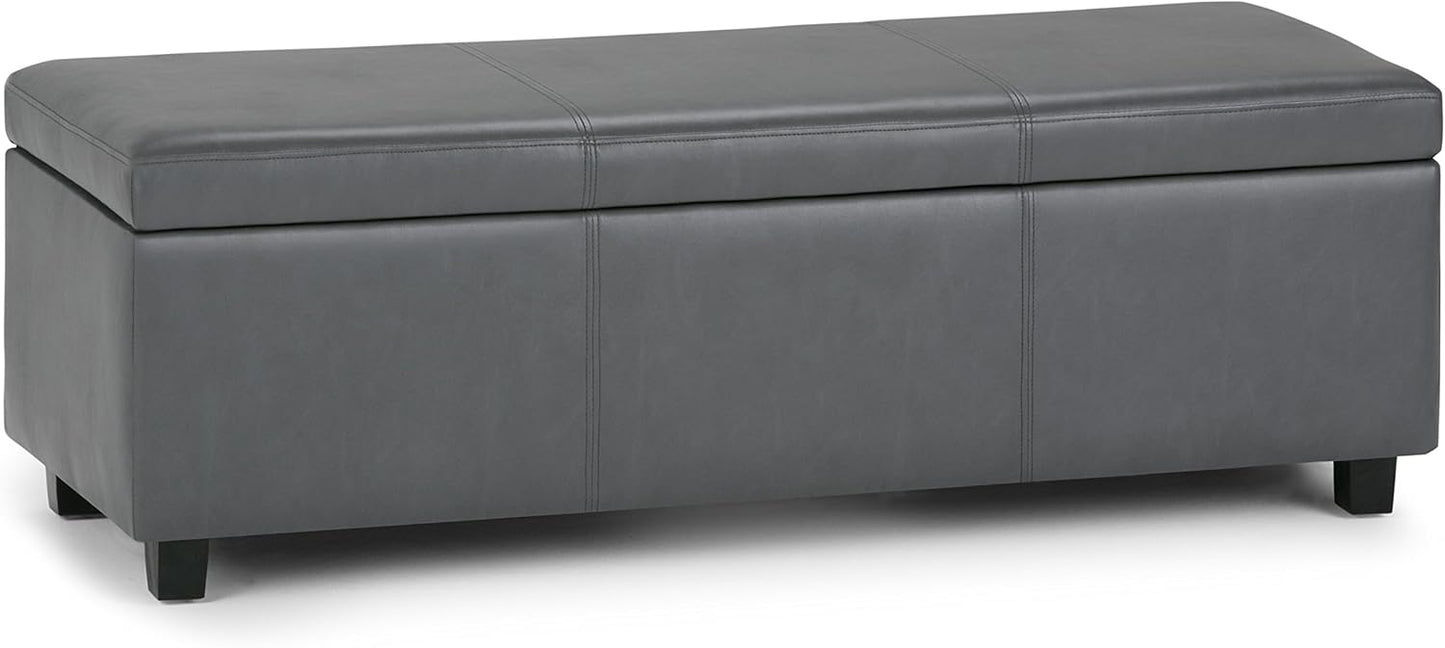 SIMPLIHOME Avalon 48 inch Wide Contemporary Rectangle Storage Ottoman Bench in Stone Grey Vegan Faux Leather, Assembled, For the Living Room, Entryway and Family Room