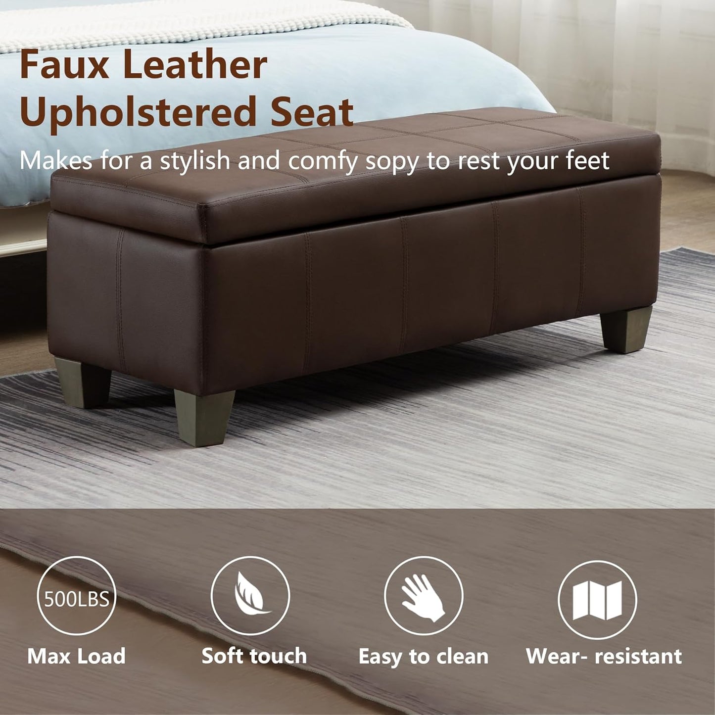 Brown Faux Leather Ottoman with Storage, Rectangular Extra Long Storage Bench for Bedroom and Living Room