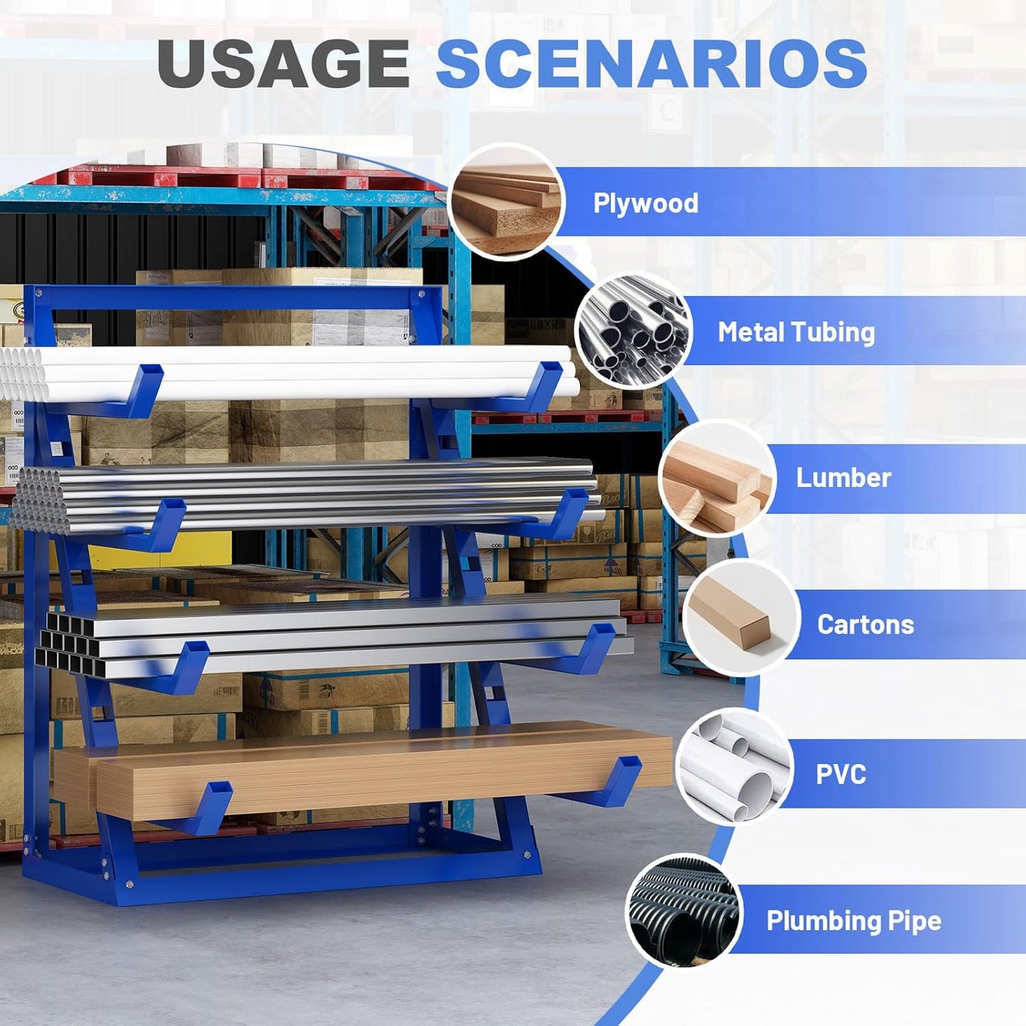 Steel Lumber & Pipe Storage Rack – Heavy Duty 4-Tier Horizontal Organizer Shelf for Garage, Workshop, Basement, 24"x48"x61"