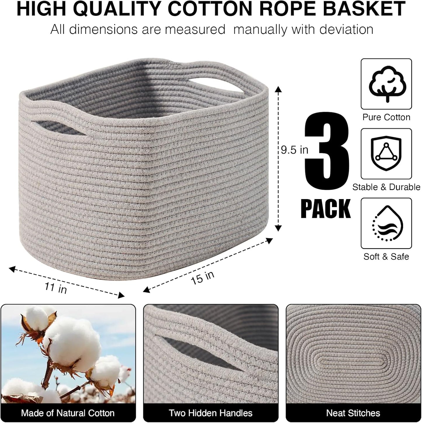 Storage Baskets for Organizing Shelves, Woven Cotton Rope Bins for Baby Nursery Organization, Book Toy Towel Organizer, 15"x11"x9.5", 3 Packs, Grey